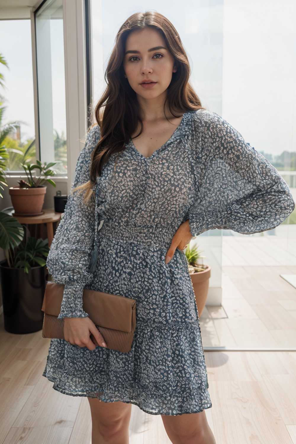 loose leopard print v neck dress drop shoulder a line closed cape paneled 124913