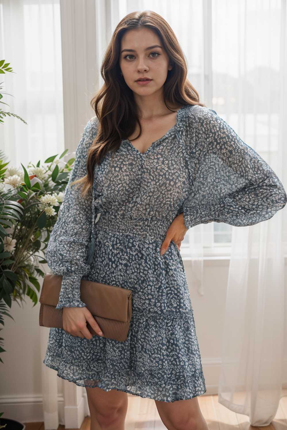 loose leopard print v neck dress drop shoulder a line closed cape paneled 132880