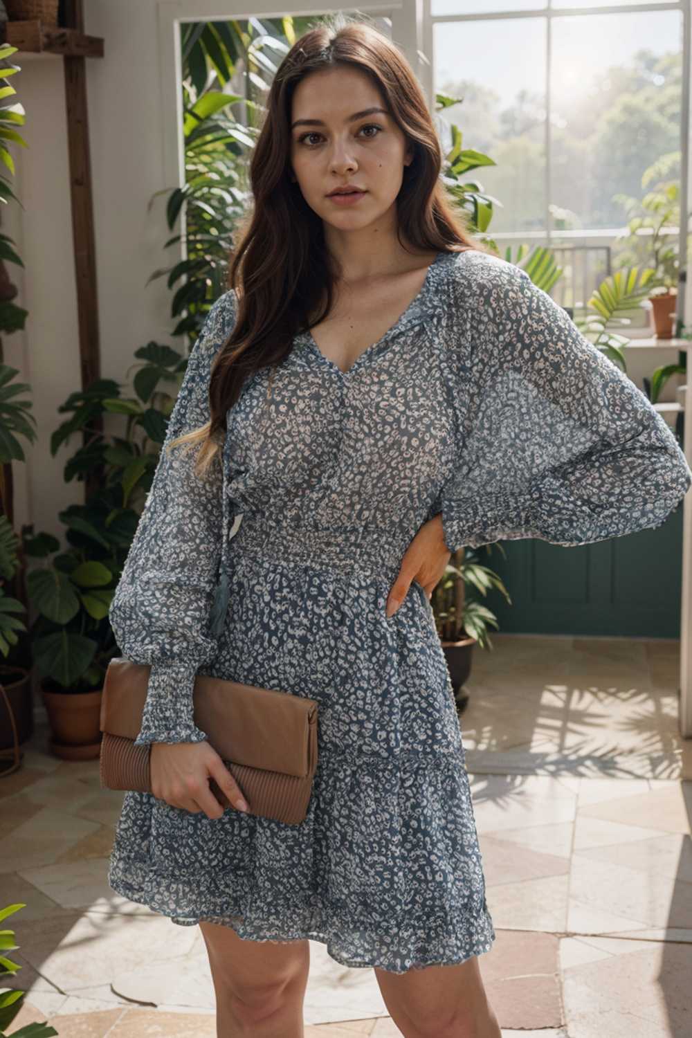 loose leopard print v neck dress drop shoulder a line closed cape paneled 115734