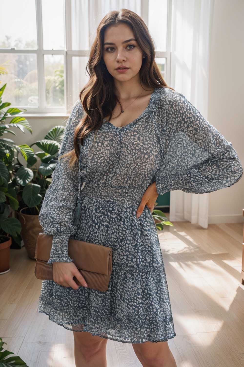 loose leopard print v neck dress drop shoulder a line closed cape paneled 111844