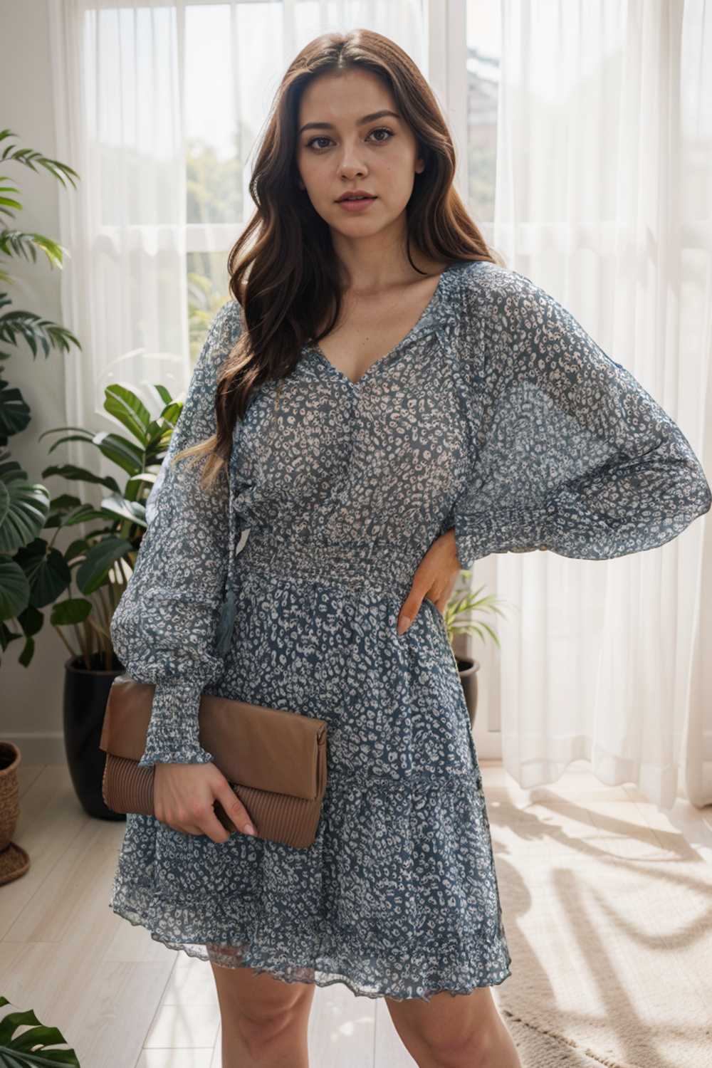 loose leopard print v neck dress drop shoulder a line closed cape paneled 111843