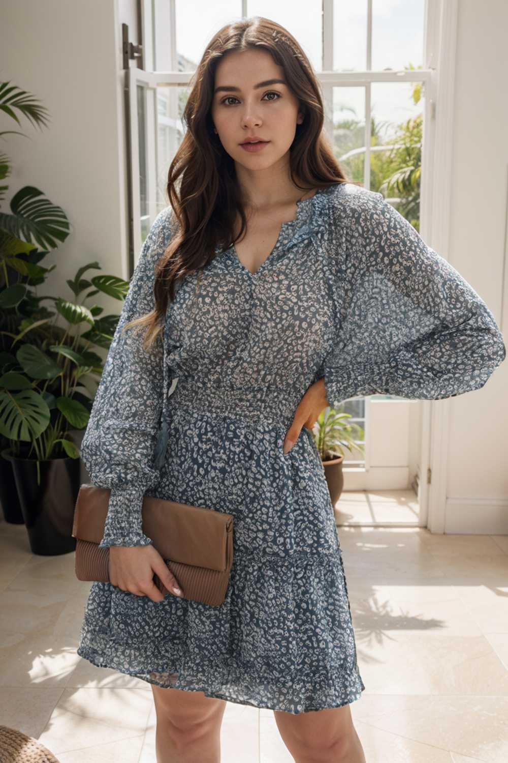 loose leopard print v neck dress drop shoulder a line closed cape paneled 124910