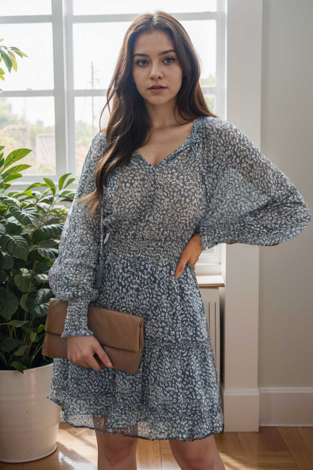 loose leopard print v neck dress drop shoulder a line closed cape paneled 115732