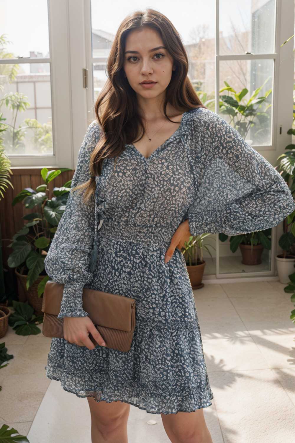 loose leopard print v neck dress drop shoulder a line closed cape paneled 115731