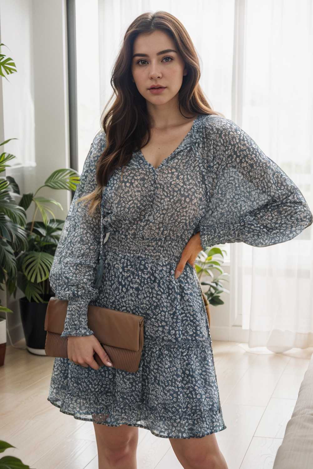 loose leopard print v neck dress drop shoulder a line closed cape paneled 124909