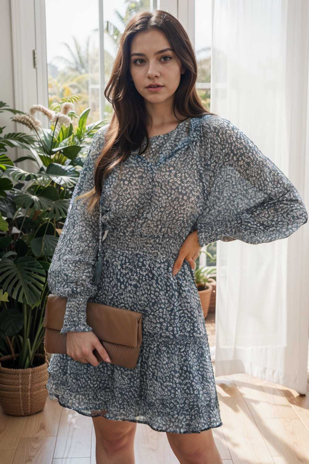 loose leopard print v neck dress drop shoulder a line closed cape paneled 115730