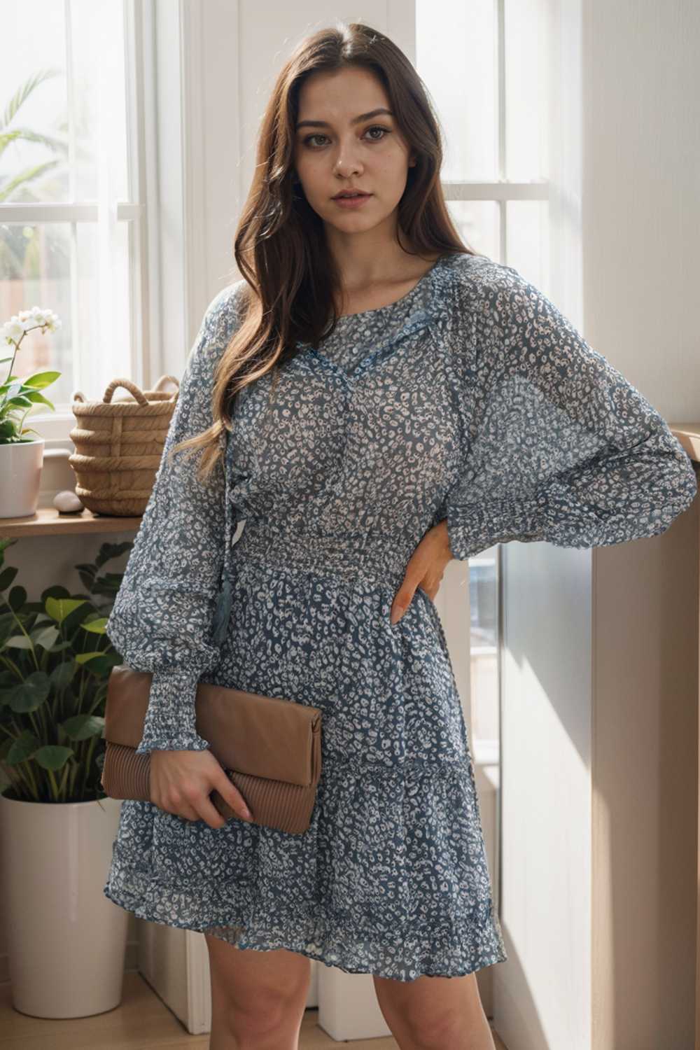loose leopard print v neck dress drop shoulder a line closed cape paneled 132875