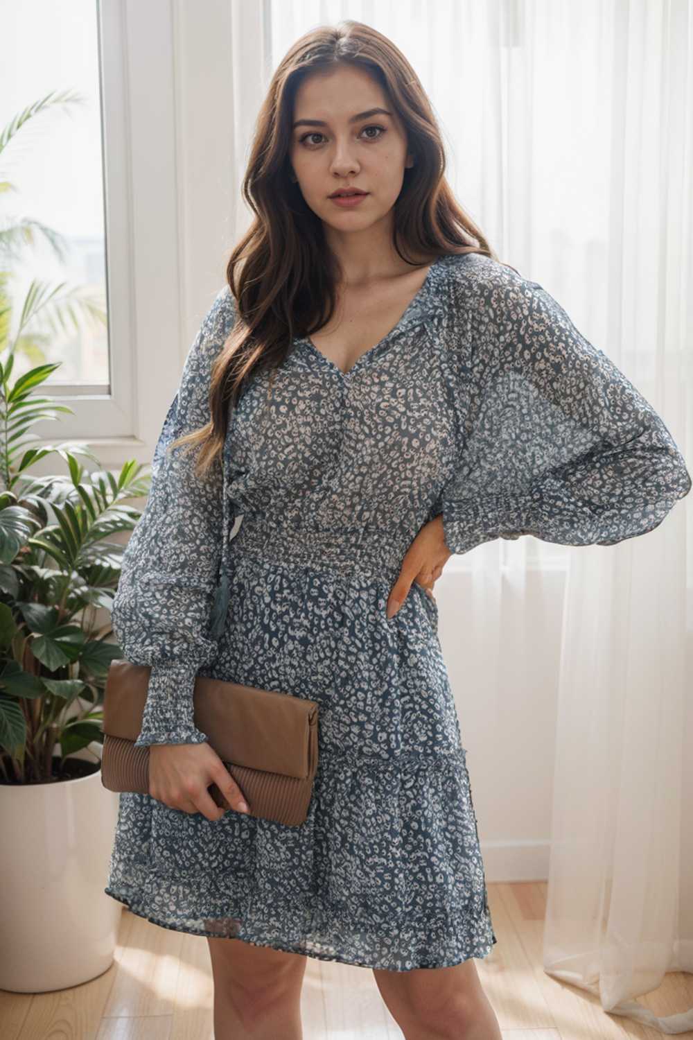 loose leopard print v neck dress drop shoulder a line closed cape paneled 117610
