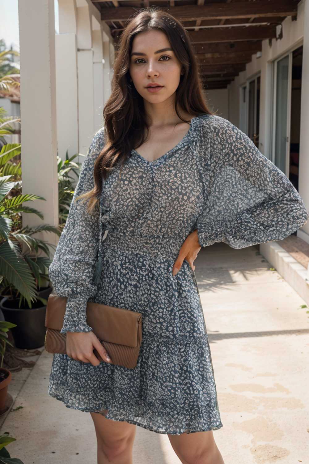 loose leopard print v neck dress drop shoulder a line closed cape paneled 109909