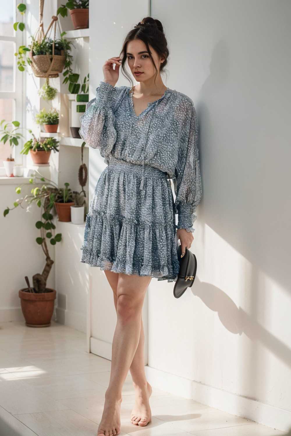 loose leopard print v neck dress drop shoulder a line closed cape paneled 109905