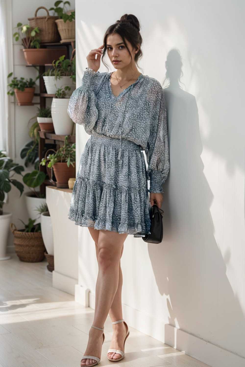 loose leopard print v neck dress drop shoulder a line closed cape paneled 111836