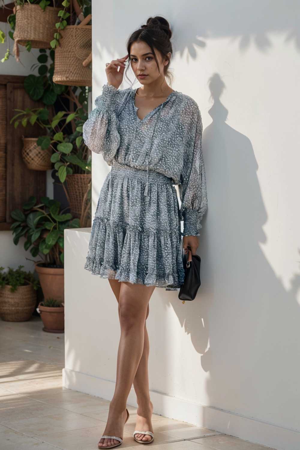 loose leopard print v neck dress drop shoulder a line closed cape paneled 115720