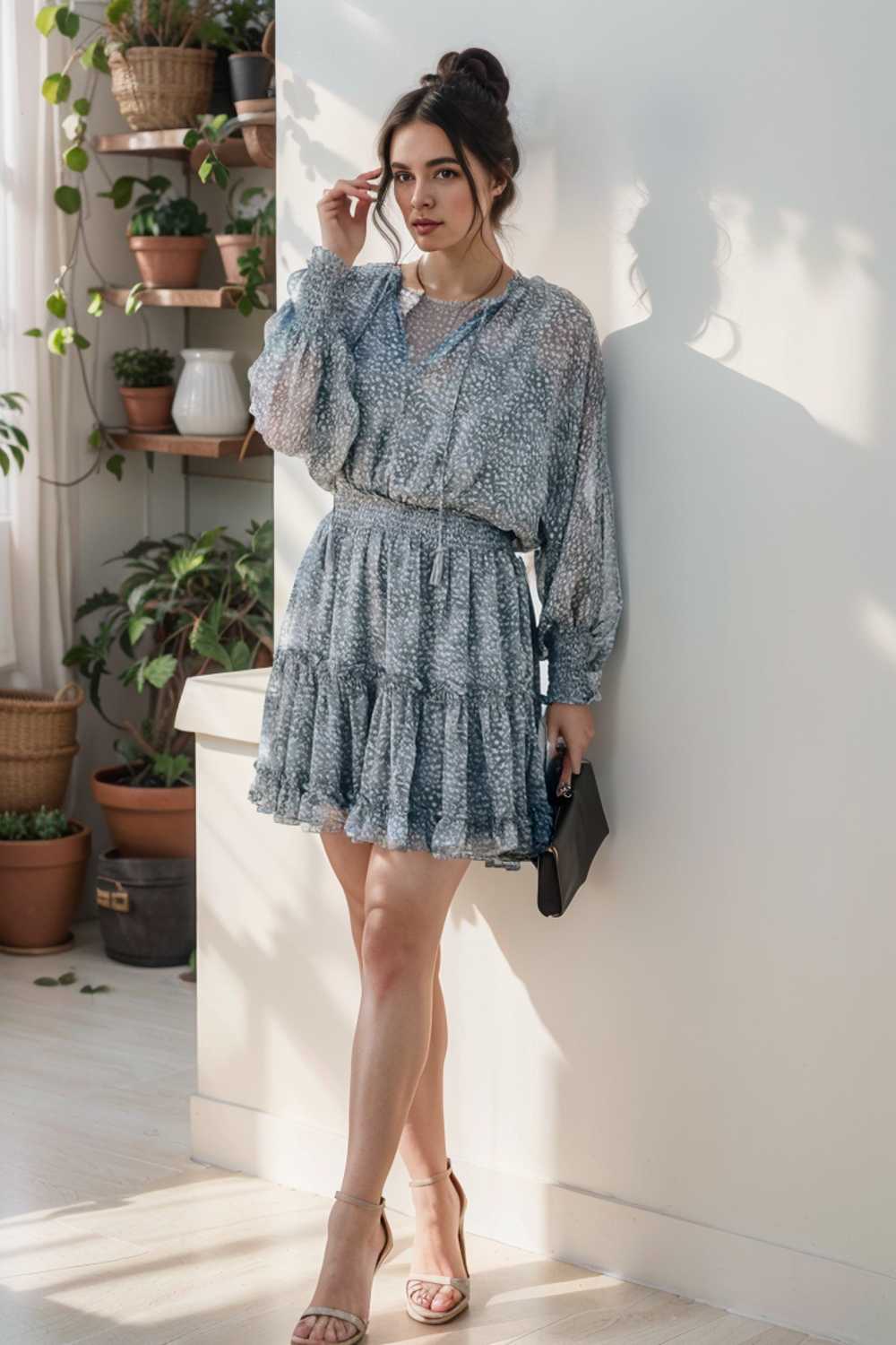 loose leopard print v neck dress drop shoulder a line closed cape paneled 109897
