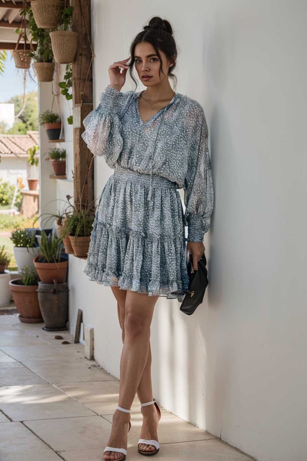 loose leopard print v neck dress drop shoulder a line closed cape paneled 109896