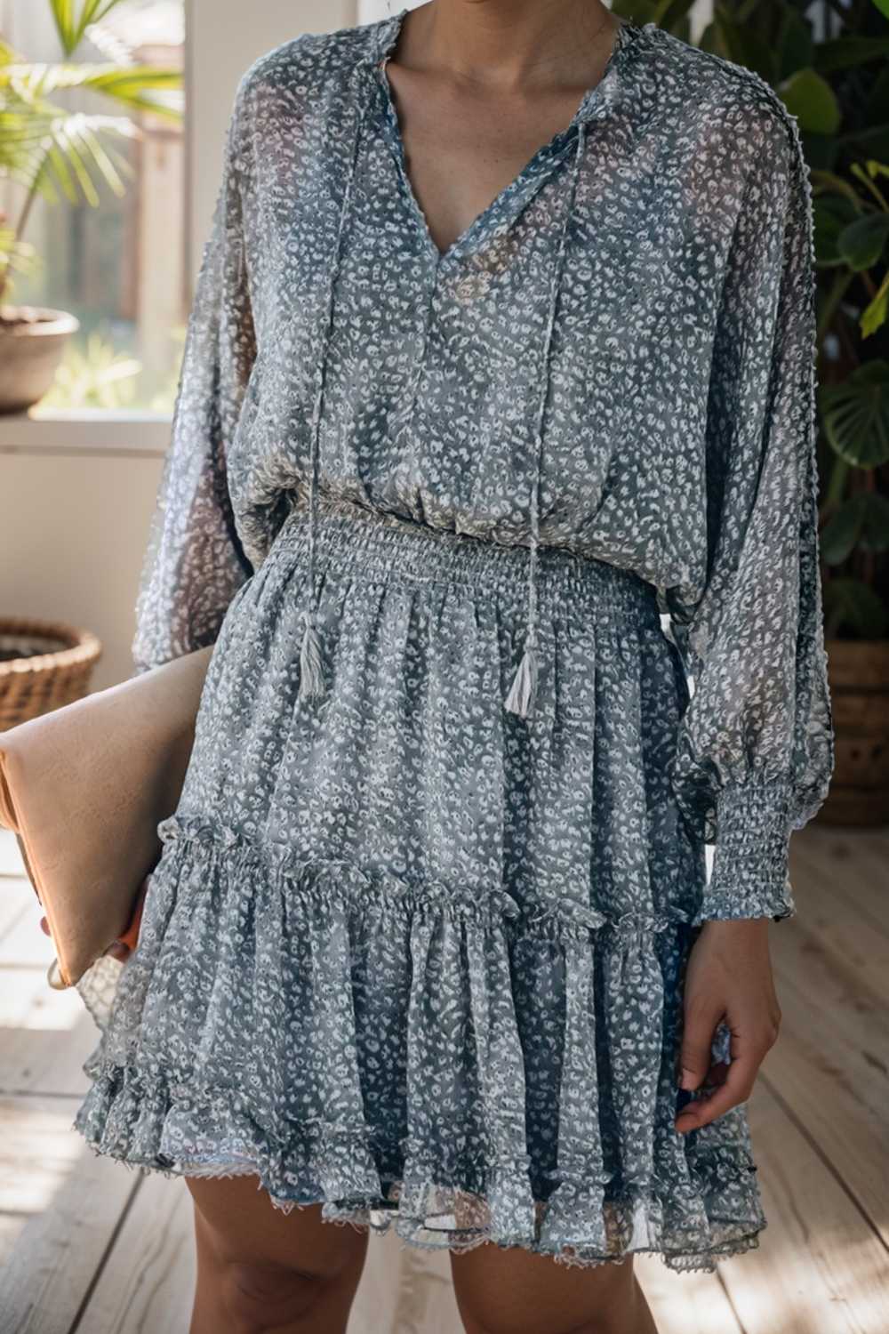 loose leopard print v neck dress drop shoulder a line closed cape paneled 109891