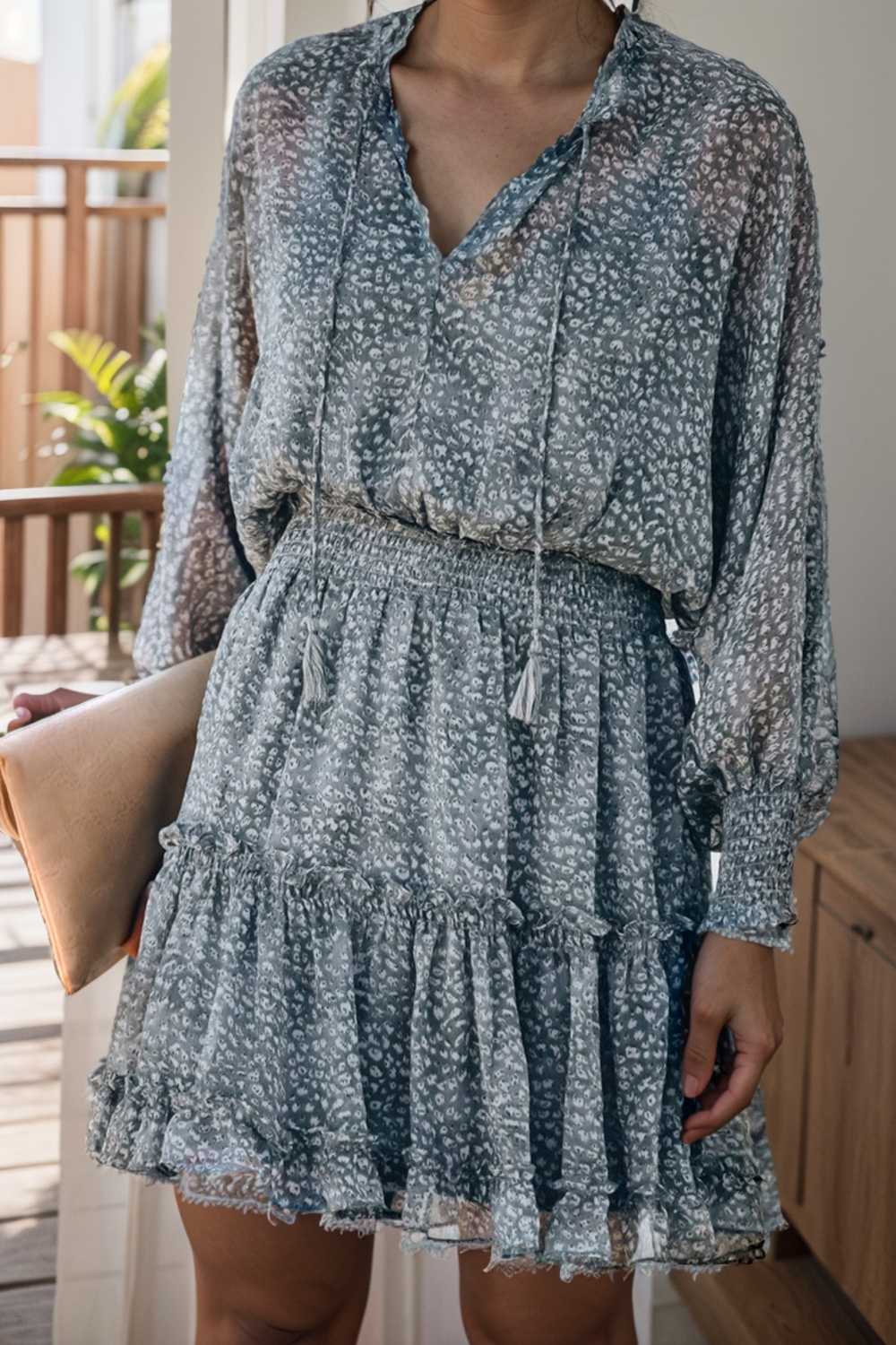 loose leopard print v neck dress drop shoulder a line closed cape paneled 111833