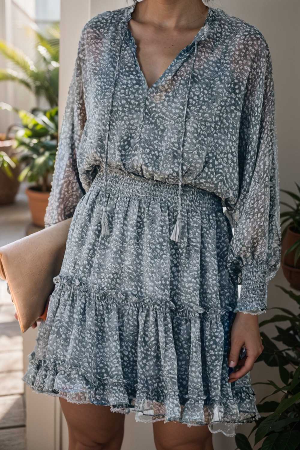 loose leopard print v neck dress drop shoulder a line closed cape paneled 110862