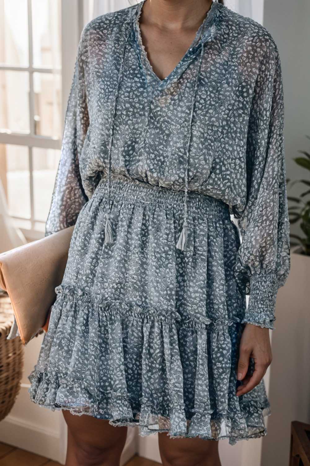 loose leopard print v neck dress drop shoulder a line closed cape paneled 111832