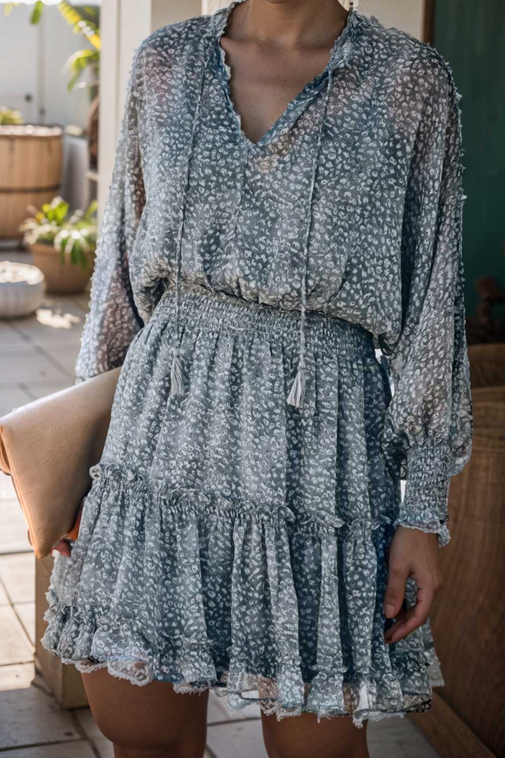 loose leopard print v neck dress drop shoulder a line closed cape paneled 115716