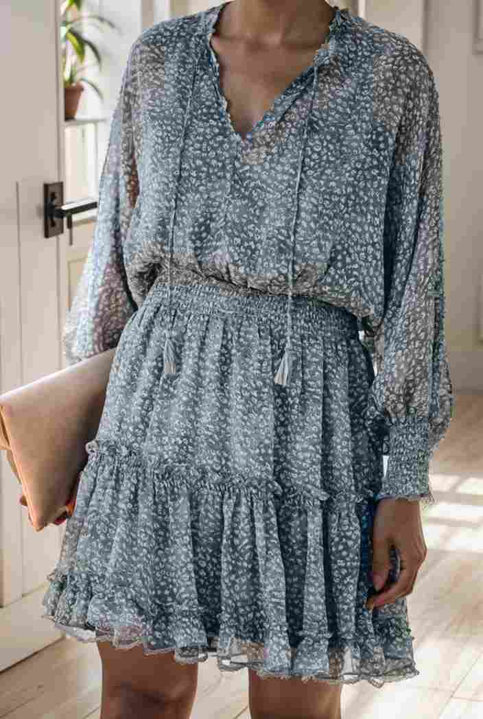 loose leopard print v neck dress drop shoulder a line closed cape paneled 131170
