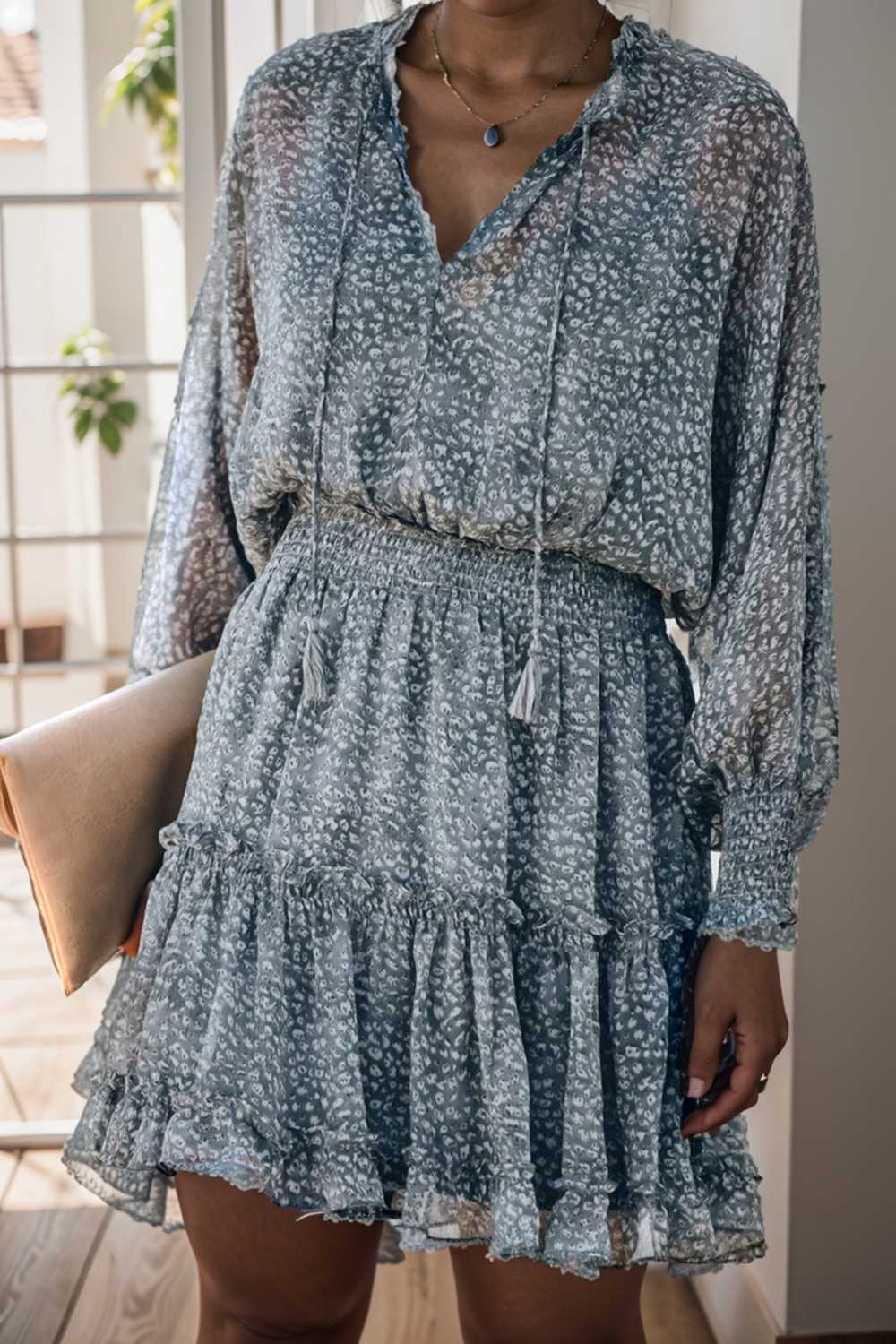 loose leopard print v neck dress drop shoulder a line closed cape paneled 109890
