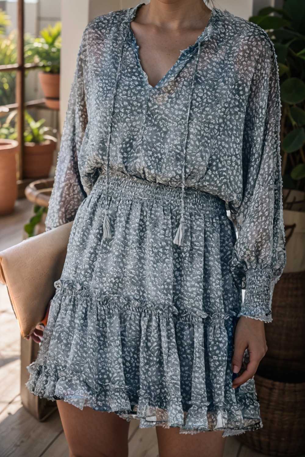 loose leopard print v neck dress drop shoulder a line closed cape paneled 110861