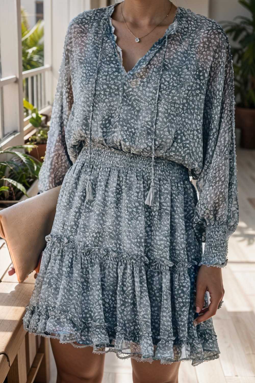 loose leopard print v neck dress drop shoulder a line closed cape paneled 109889