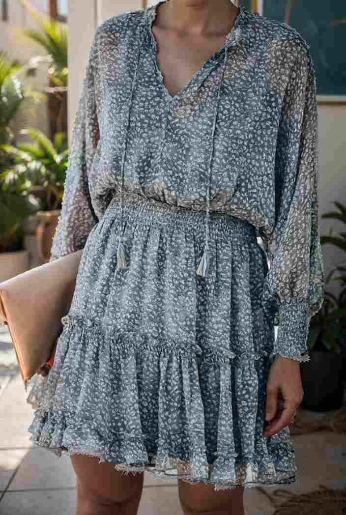 loose leopard print v neck dress drop shoulder a line closed cape paneled 118782
