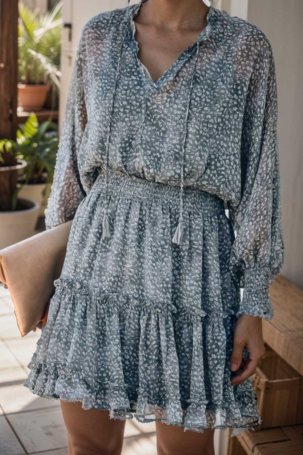 loose leopard print v neck dress drop shoulder a line closed cape paneled 115715