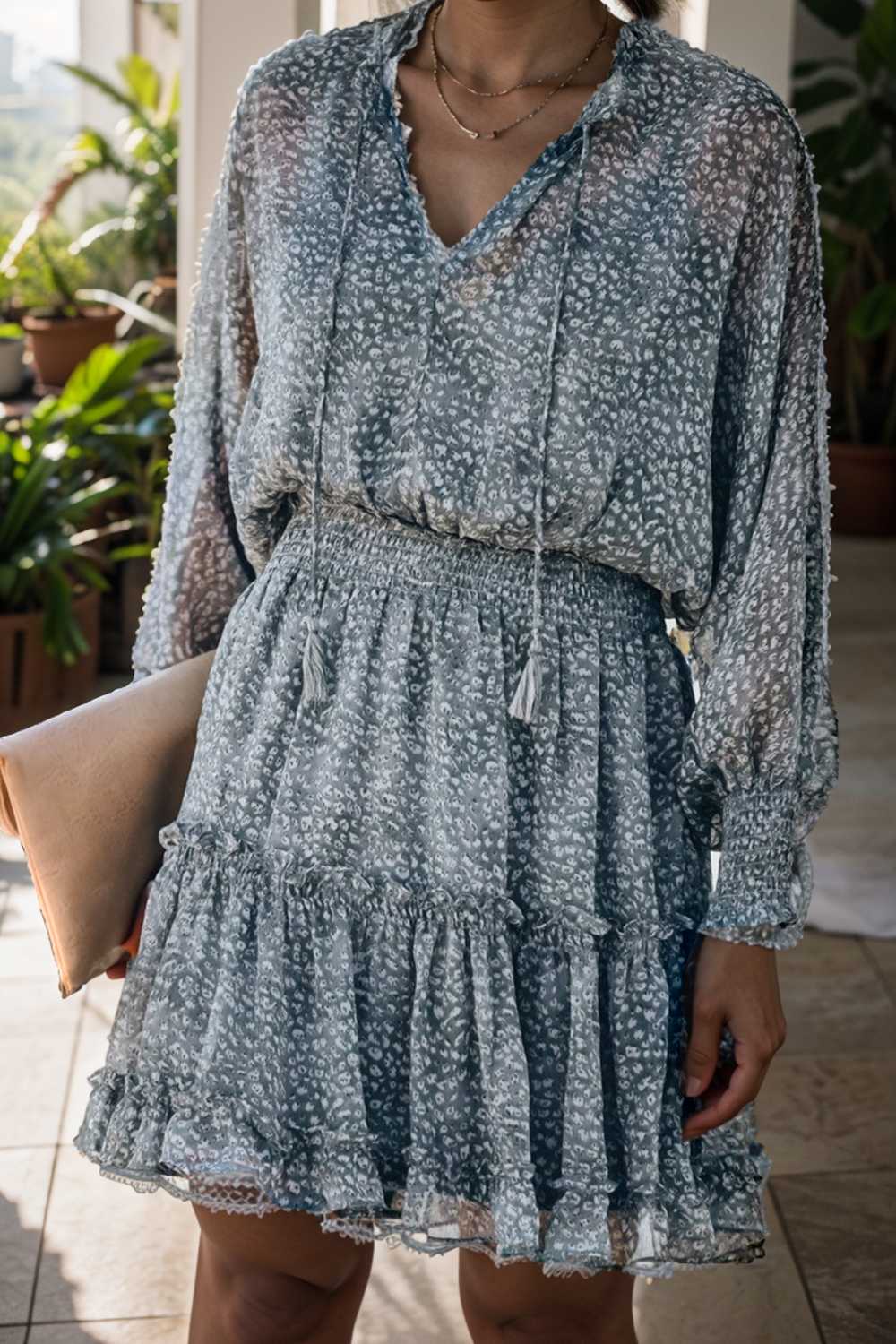 loose leopard print v neck dress drop shoulder a line closed cape paneled 111831
