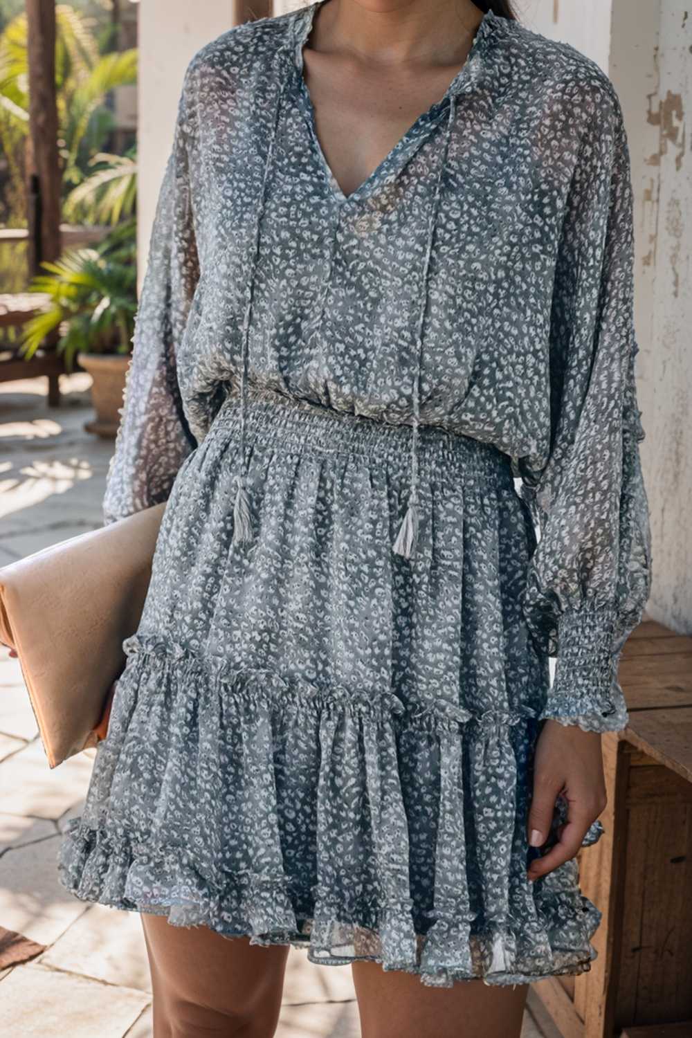 loose leopard print v neck dress drop shoulder a line closed cape paneled 109888