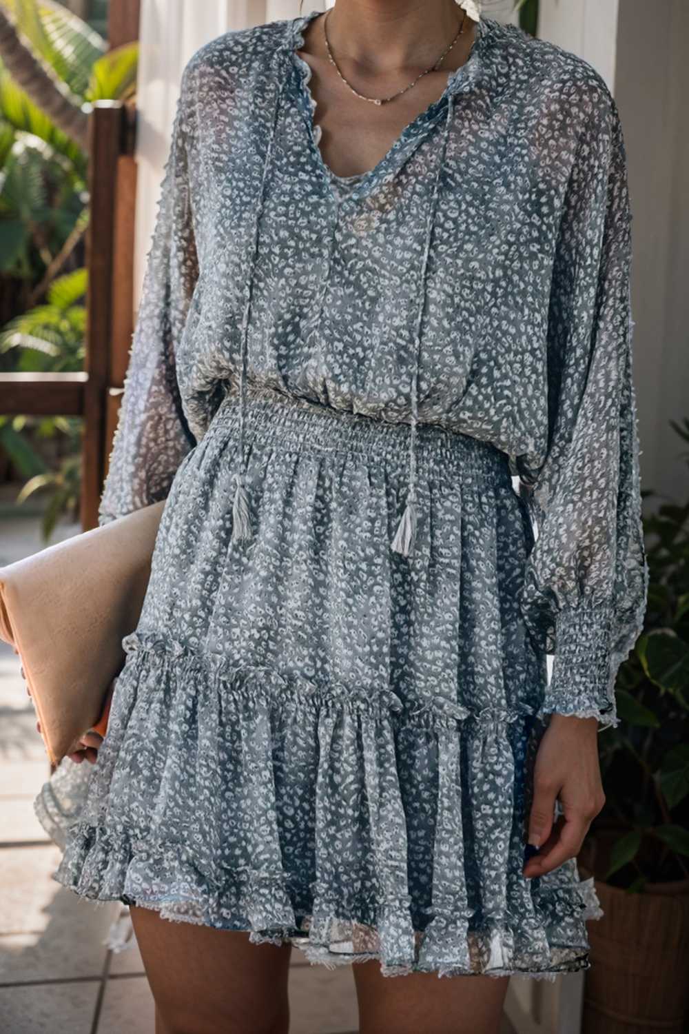 loose leopard print v neck dress drop shoulder a line closed cape paneled 115714