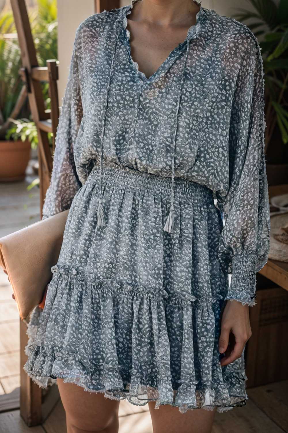 loose leopard print v neck dress drop shoulder a line closed cape paneled 132860