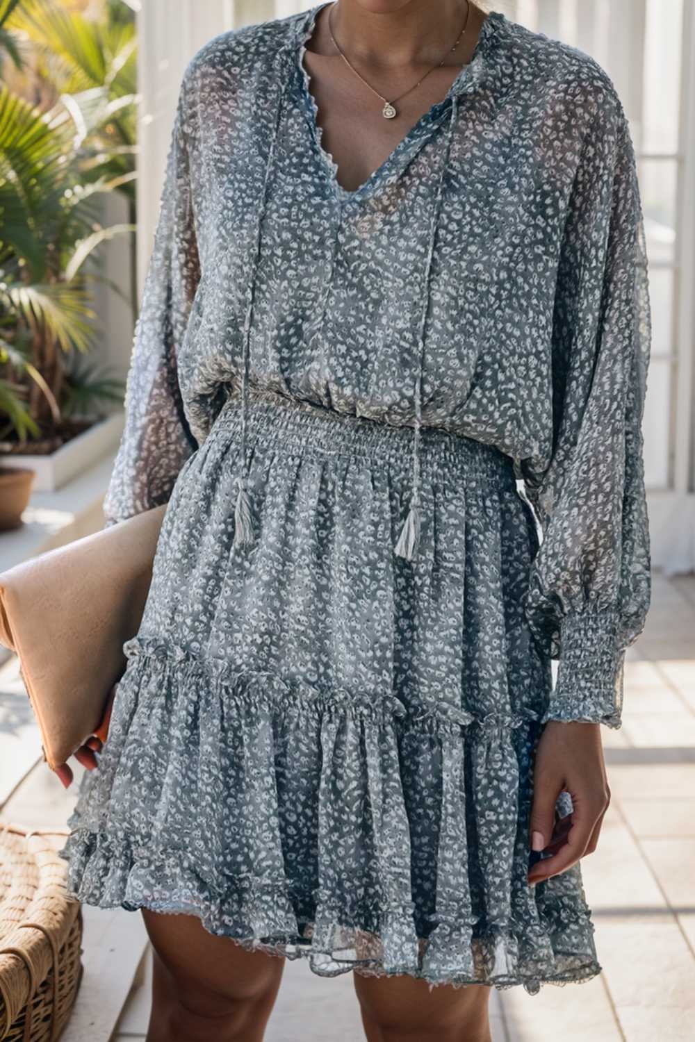 loose leopard print v neck dress drop shoulder a line closed cape paneled 109887