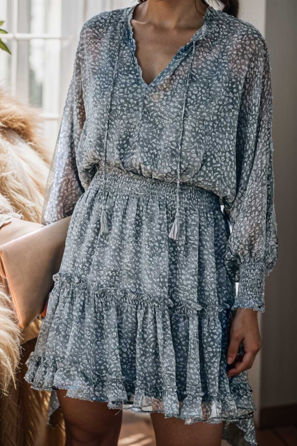 loose leopard print v neck dress drop shoulder a line closed cape paneled 111829