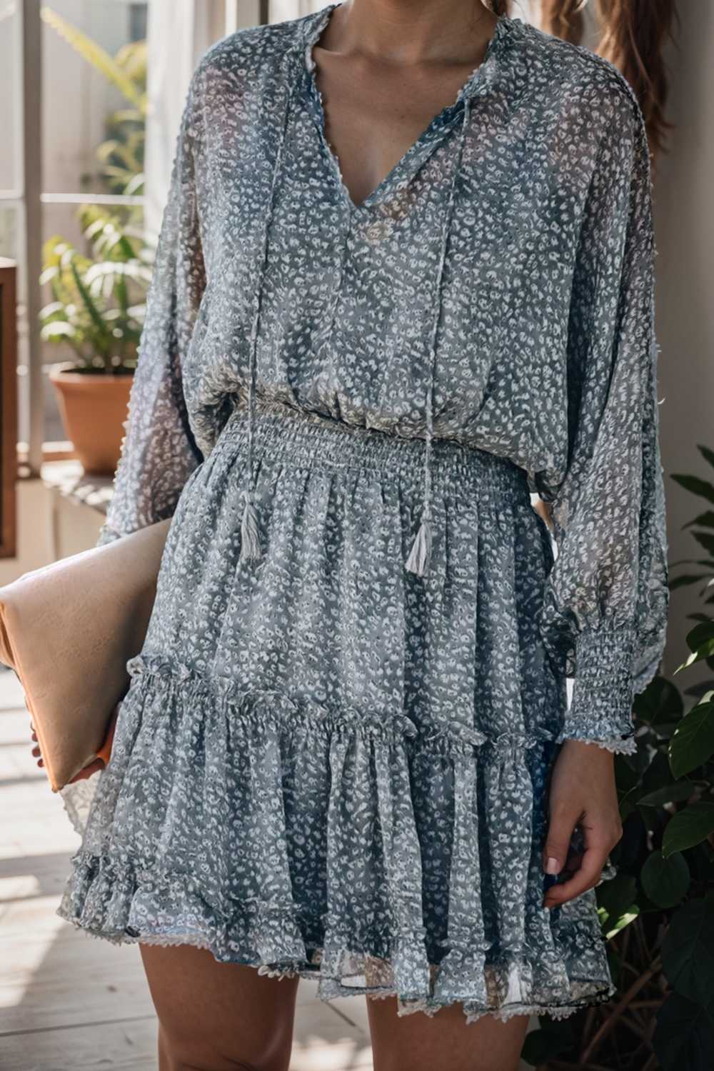 loose leopard print v neck dress drop shoulder a line closed cape paneled 109886