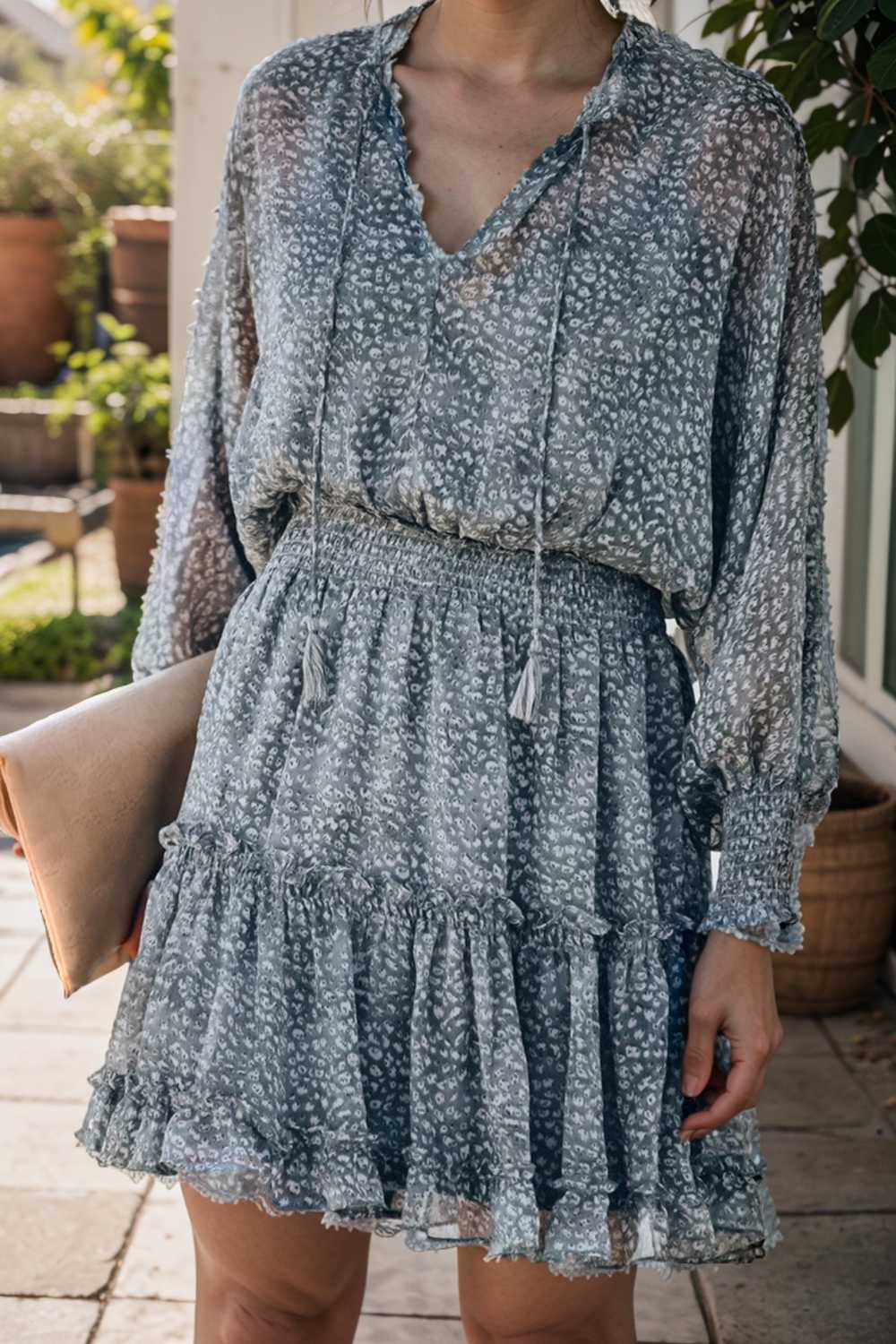 loose leopard print v neck dress drop shoulder a line closed cape paneled 111828