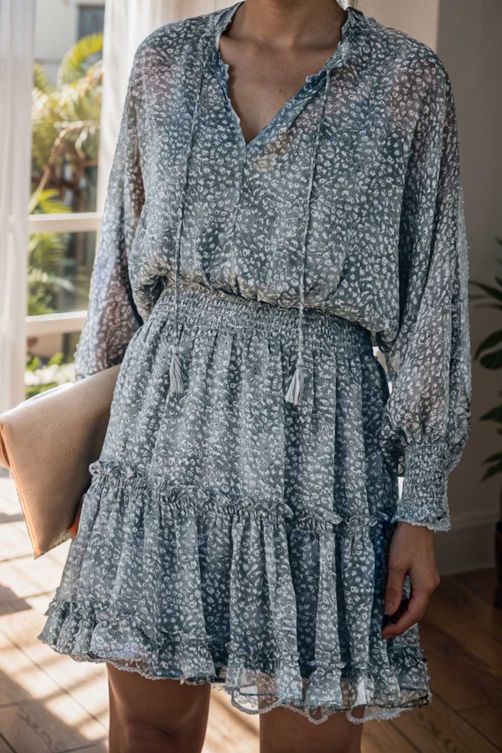 loose leopard print v neck dress drop shoulder a line closed cape paneled 132859