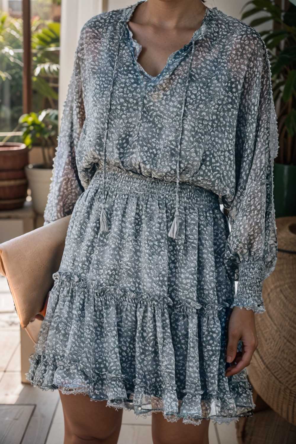 loose leopard print v neck dress drop shoulder a line closed cape paneled 115711