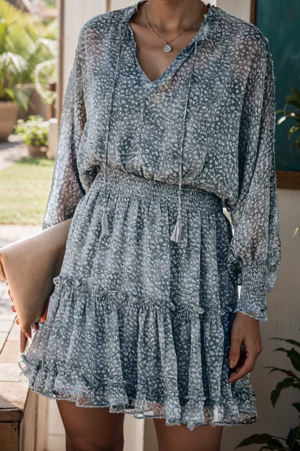 loose leopard print v neck dress drop shoulder a line closed cape paneled 111827