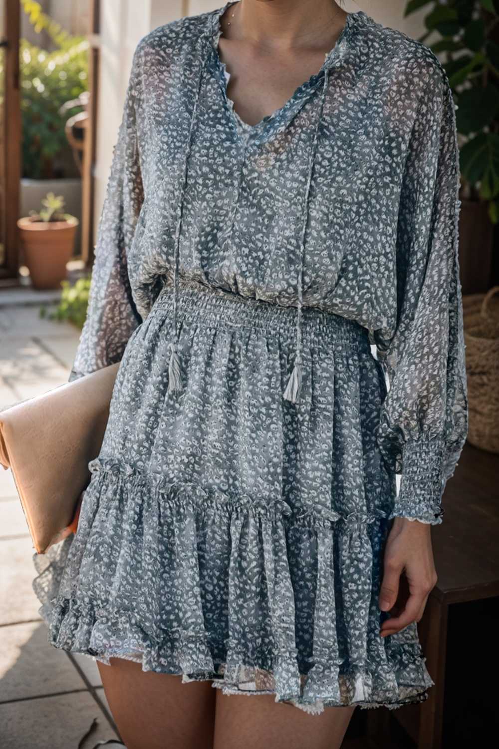 loose leopard print v neck dress drop shoulder a line closed cape paneled 132857