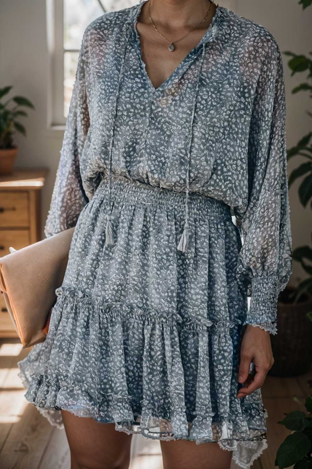loose leopard print v neck dress drop shoulder a line closed cape paneled 111826