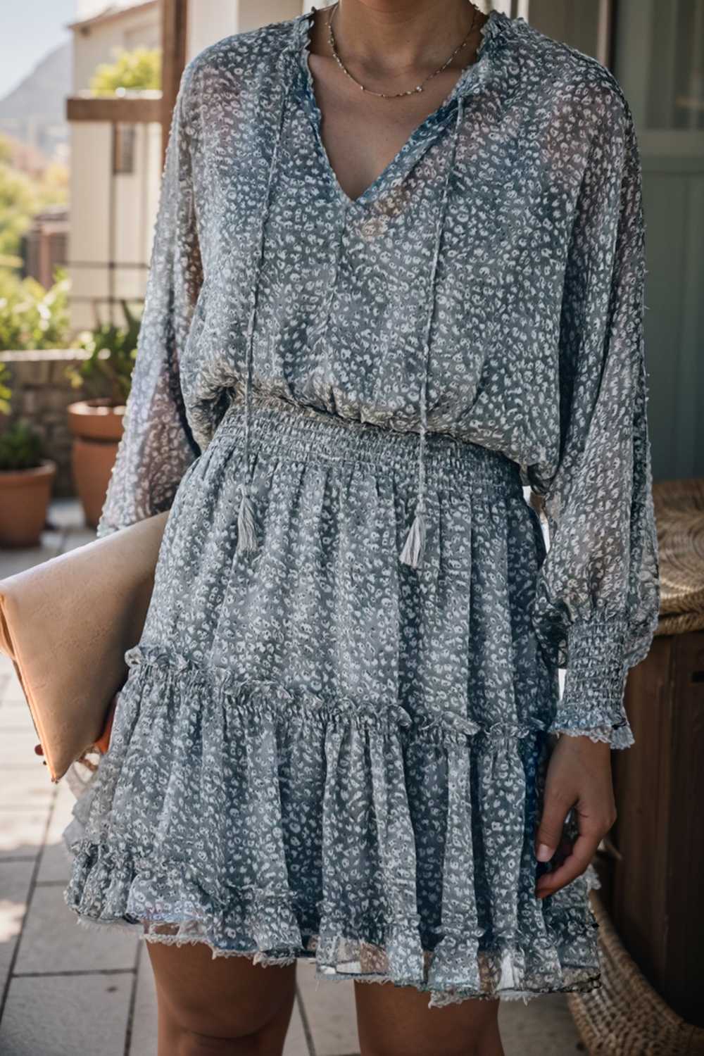 loose leopard print v neck dress drop shoulder a line closed cape paneled 109884