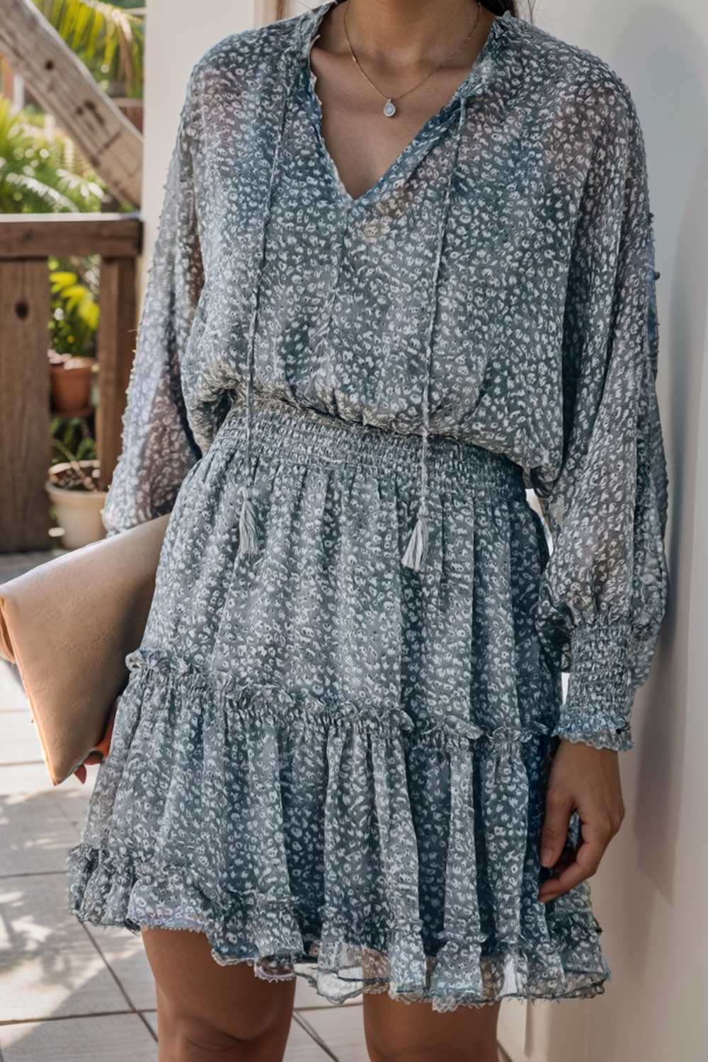 loose leopard print v neck dress drop shoulder a line closed cape paneled 115709