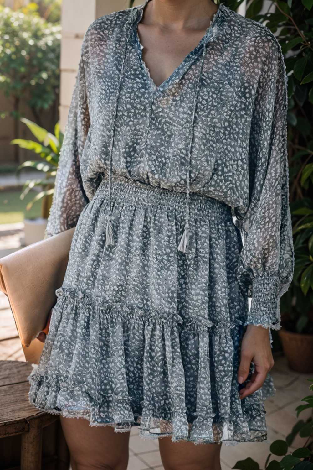 loose leopard print v neck dress drop shoulder a line closed cape paneled 132856