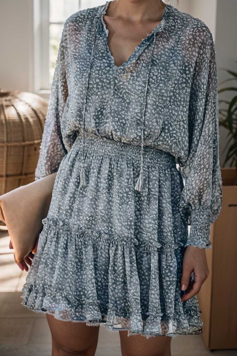 loose leopard print v neck dress drop shoulder a line closed cape paneled 109883
