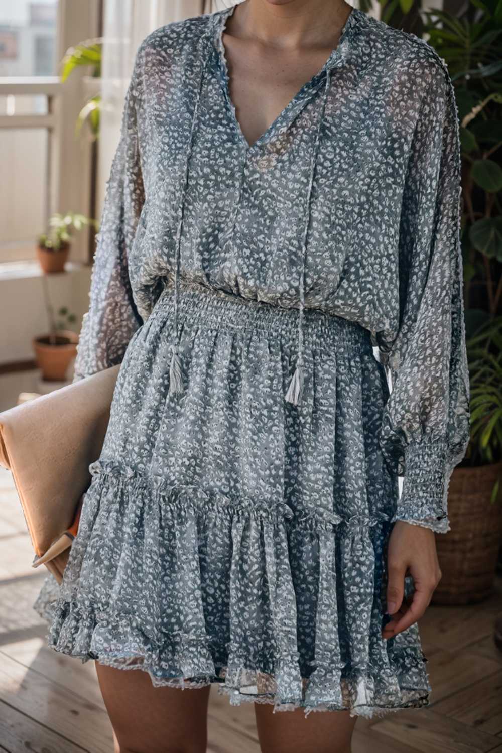 loose leopard print v neck dress drop shoulder a line closed cape paneled 115708