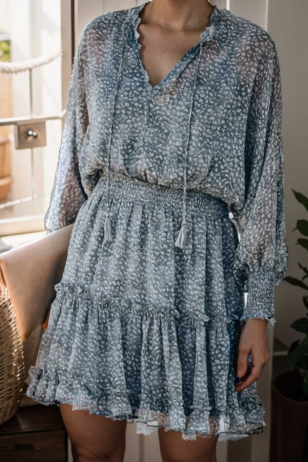 loose leopard print v neck dress drop shoulder a line closed cape paneled 115707