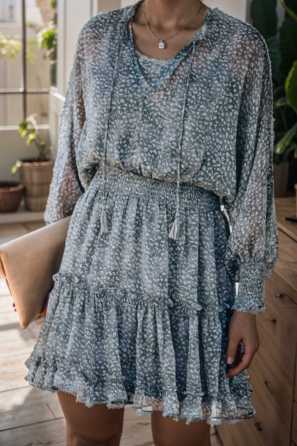 loose leopard print v neck dress drop shoulder a line closed cape paneled 109881
