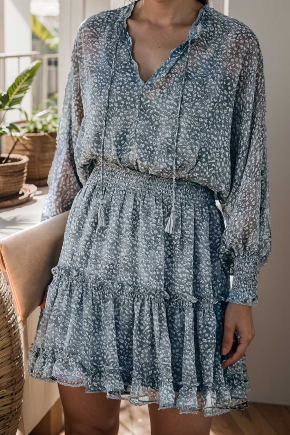loose leopard print v neck dress drop shoulder a line closed cape paneled 117608